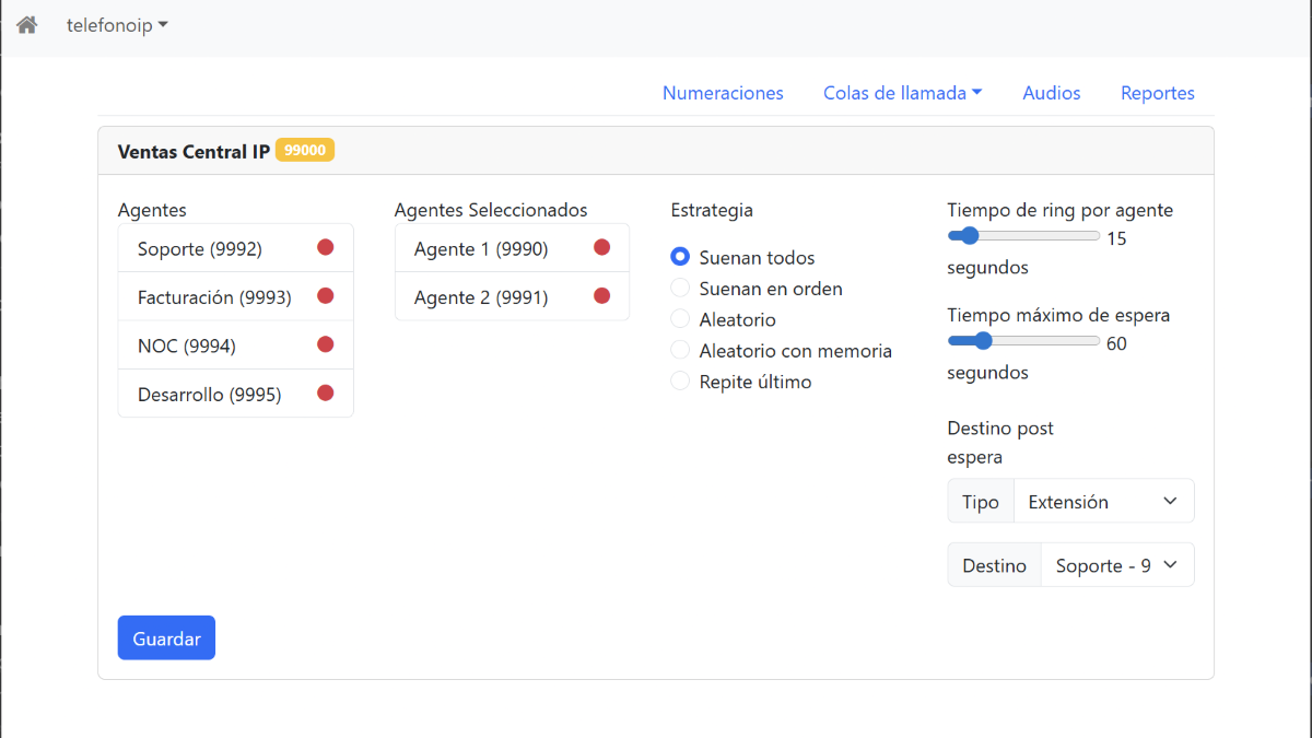 Panel de administración de colas de atención telefónica