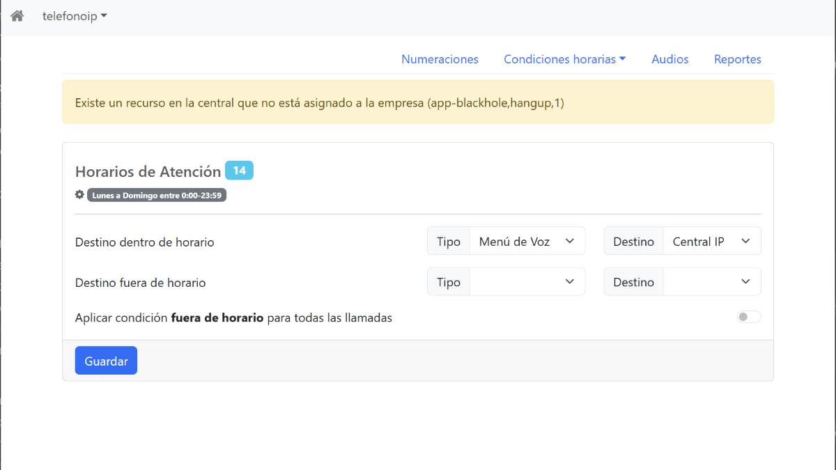 Configuración de condiciones horarias y horarios de atención